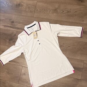 White Polo Shirt with Pink and Black Trim